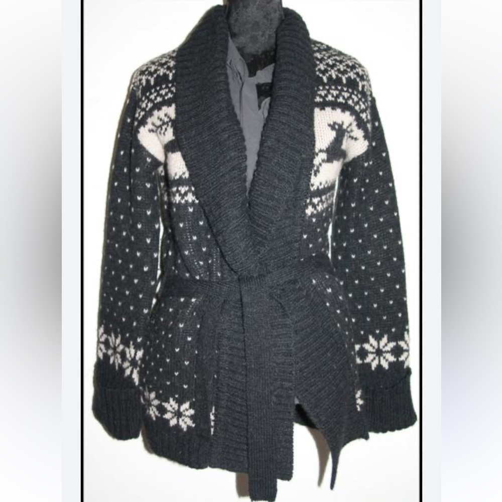 Kookai Wool Blend Charcoal Gray Belted Long Reindeer Snowflake Cardigan 1 S
